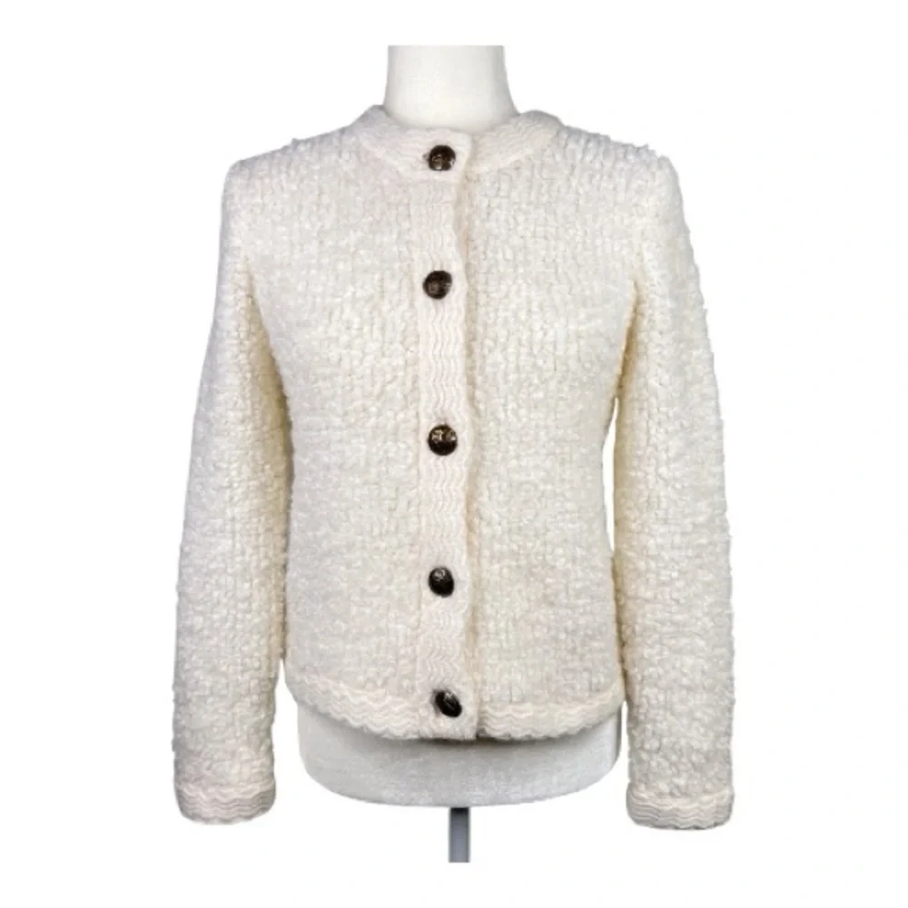 Talbots Boucle Ivory Wool Blend Button Front Cardigan Sweater Jacket